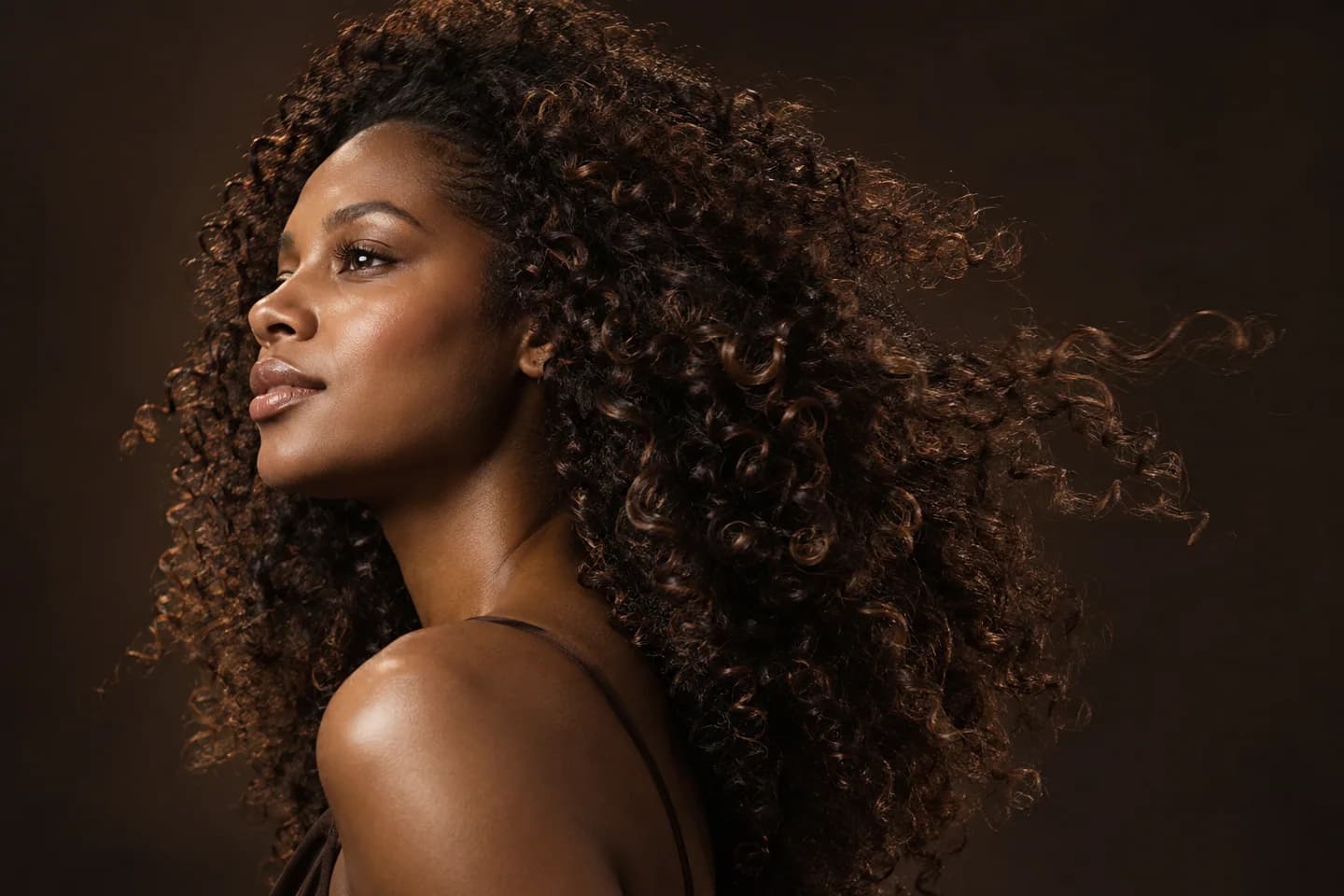 Woman with defined natural curls shown in warm studio light