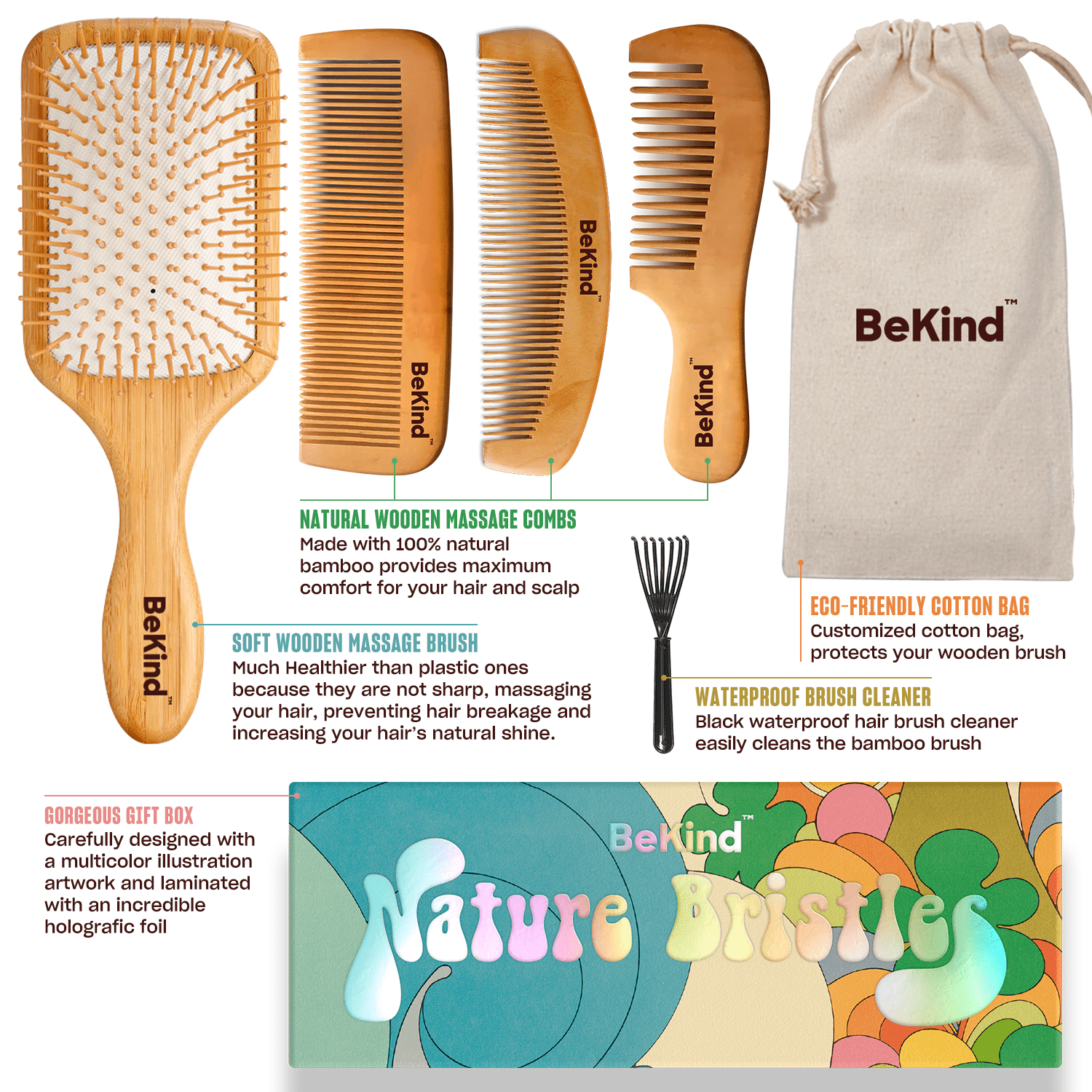 2 Nature Bristles – Brush & Combs Kit Set